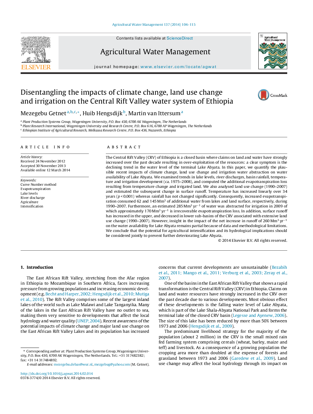 Disentangling the impacts of climate change, land use change and irrigation on the Central Rift Valley water system of Ethiopia