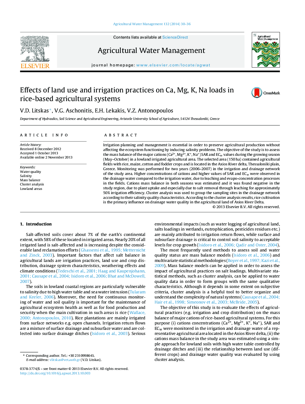 Effects of land use and irrigation practices on Ca, Mg, K, Na loads in rice-based agricultural systems