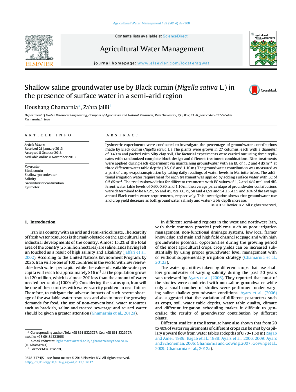 Shallow saline groundwater use by Black cumin (Nigella sativa L.) in the presence of surface water in a semi-arid region