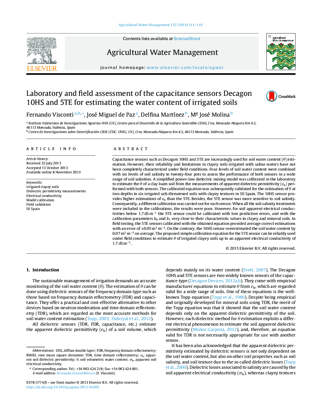 Laboratory and field assessment of the capacitance sensors Decagon 10HS and 5TE for estimating the water content of irrigated soils