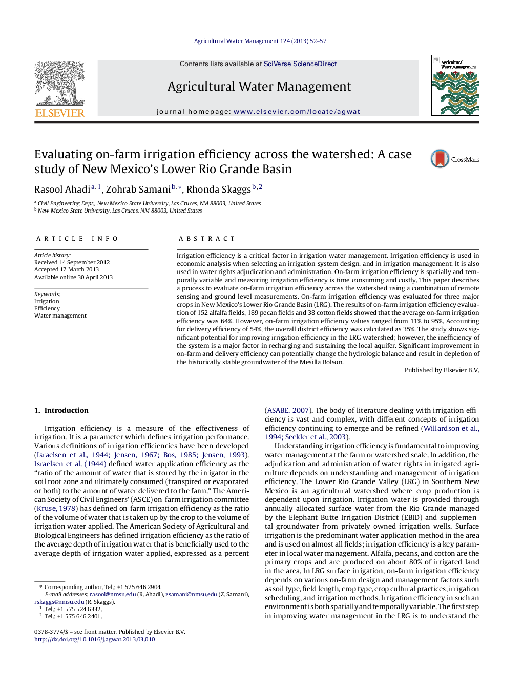 Evaluating on-farm irrigation efficiency across the watershed: A case study of New Mexico's Lower Rio Grande Basin