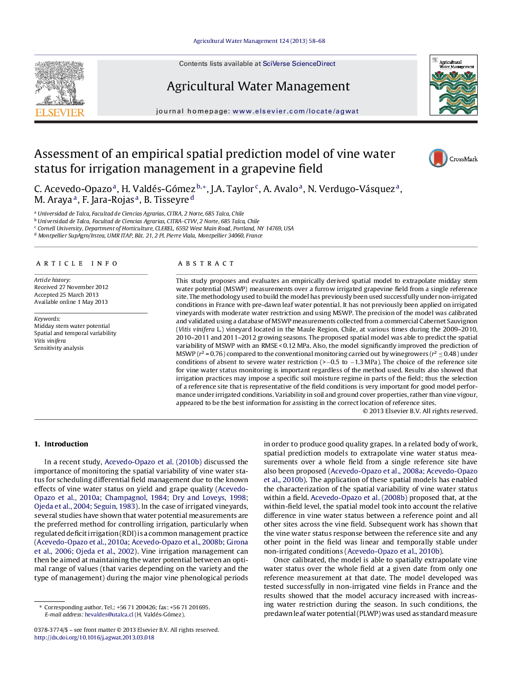 Assessment of an empirical spatial prediction model of vine water status for irrigation management in a grapevine field