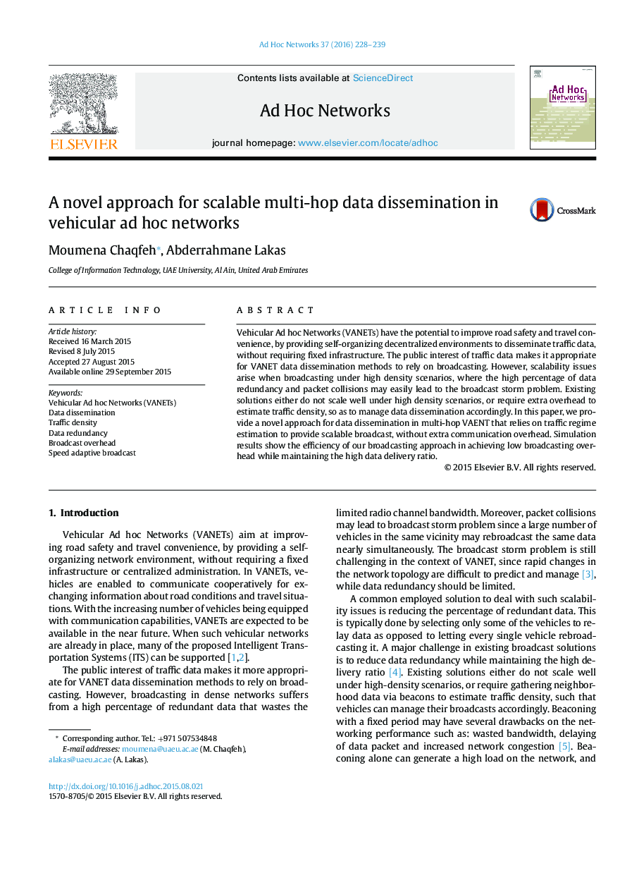 A novel approach for scalable multi-hop data dissemination in vehicular ad hoc networks