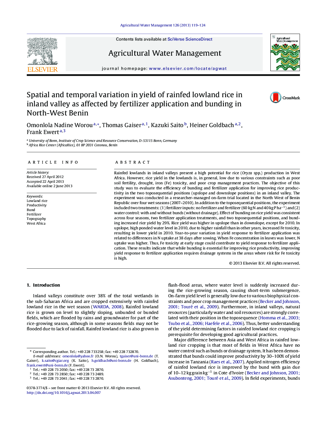 Spatial and temporal variation in yield of rainfed lowland rice in inland valley as affected by fertilizer application and bunding in North-West Benin