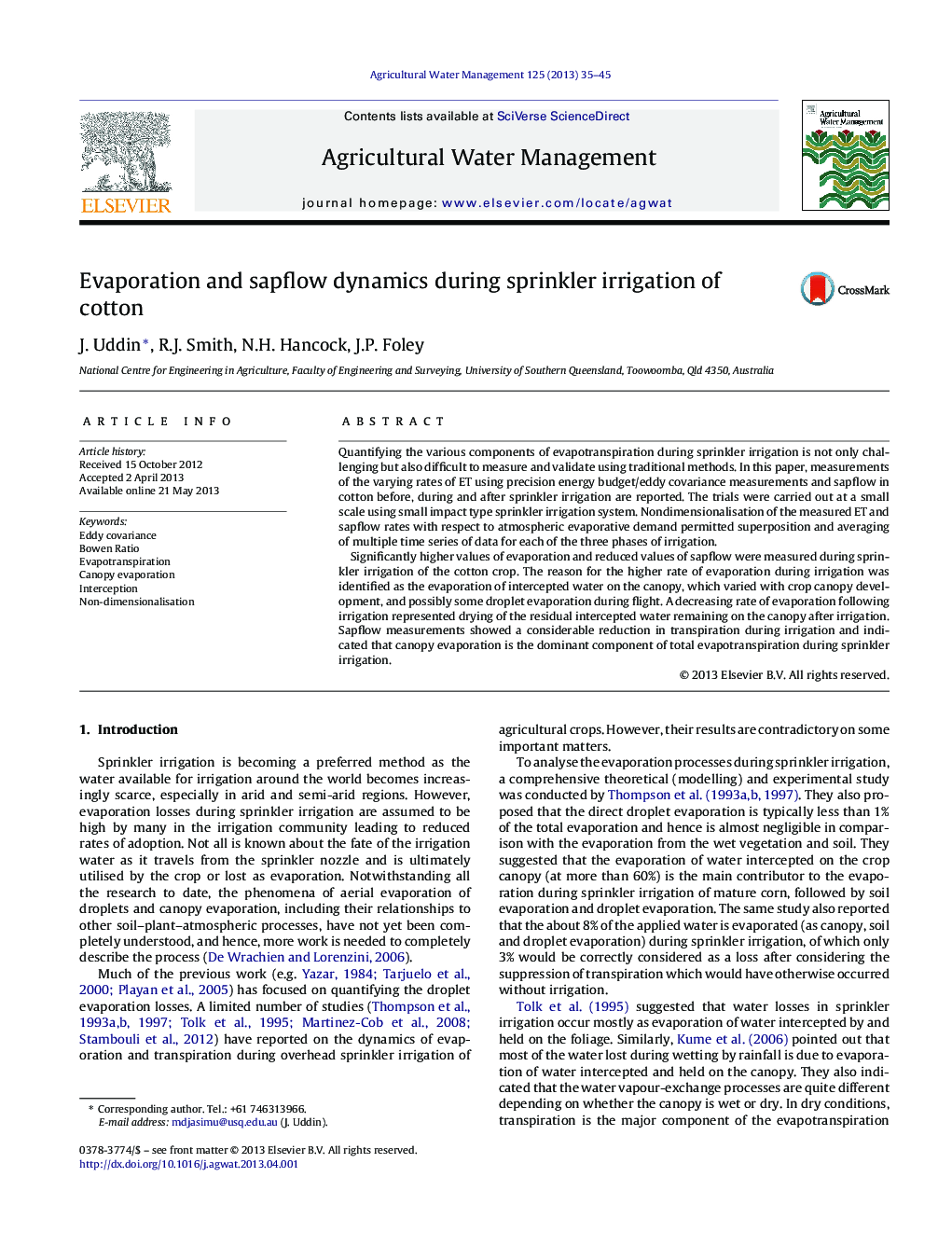 Evaporation and sapflow dynamics during sprinkler irrigation of cotton