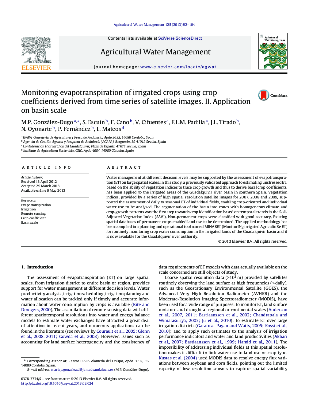 Monitoring evapotranspiration of irrigated crops using crop coefficients derived from time series of satellite images. II. Application on basin scale