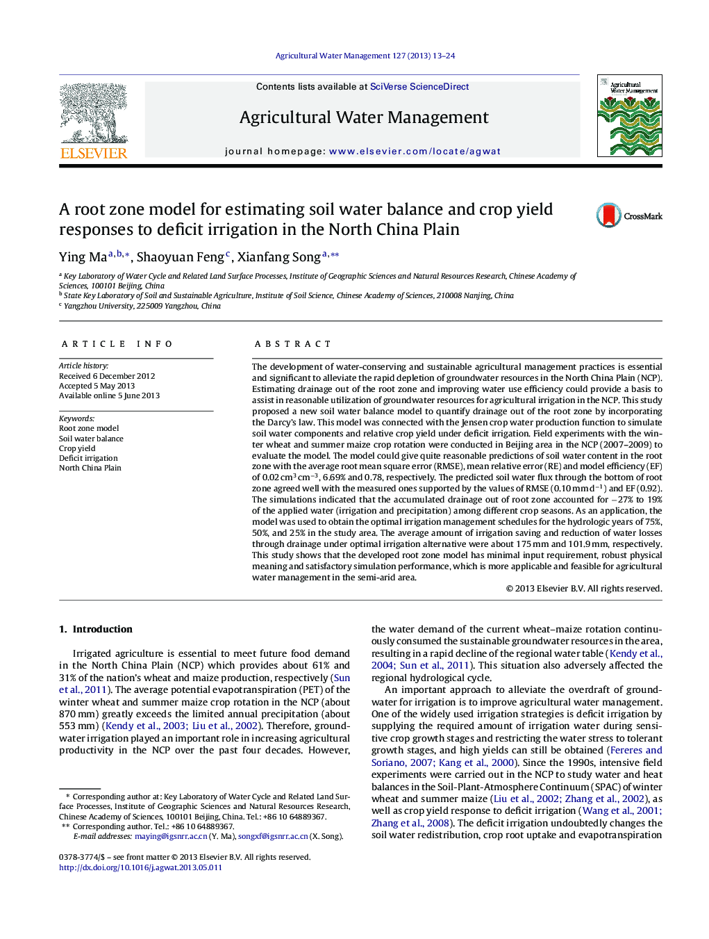 A root zone model for estimating soil water balance and crop yield responses to deficit irrigation in the North China Plain