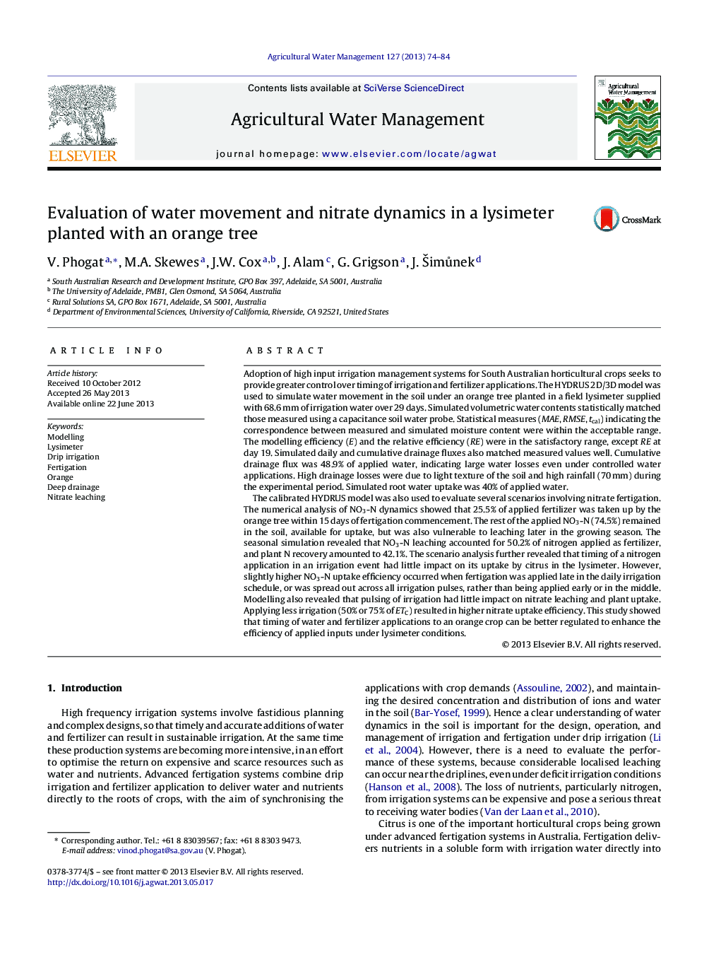 Evaluation of water movement and nitrate dynamics in a lysimeter planted with an orange tree