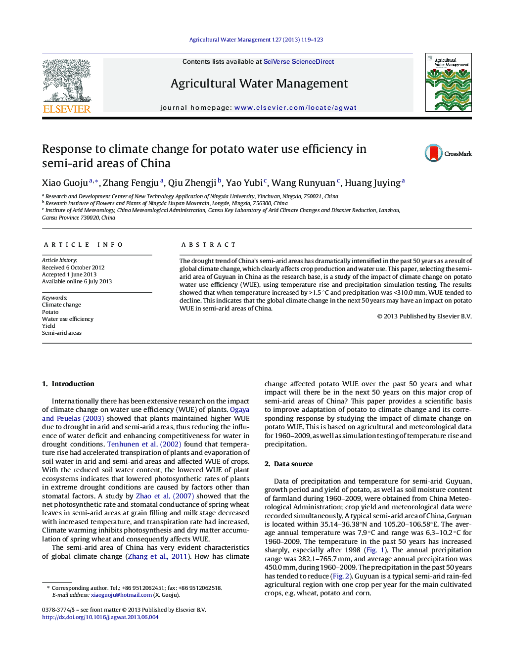 Response to climate change for potato water use efficiency in semi-arid areas of China