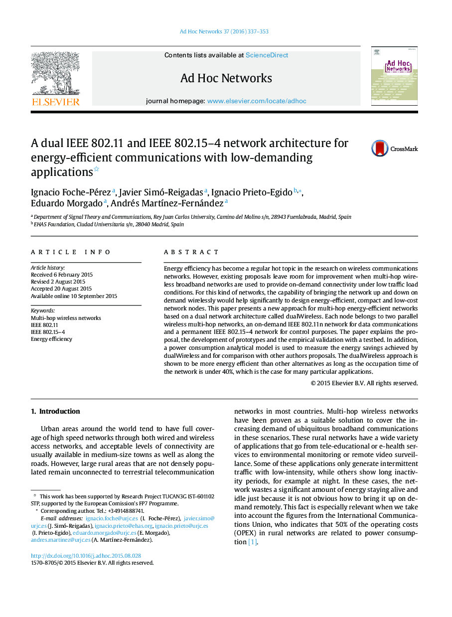 A dual IEEE 802.11 and IEEE 802.15–4 network architecture for energy-efficient communications with low-demanding applications 