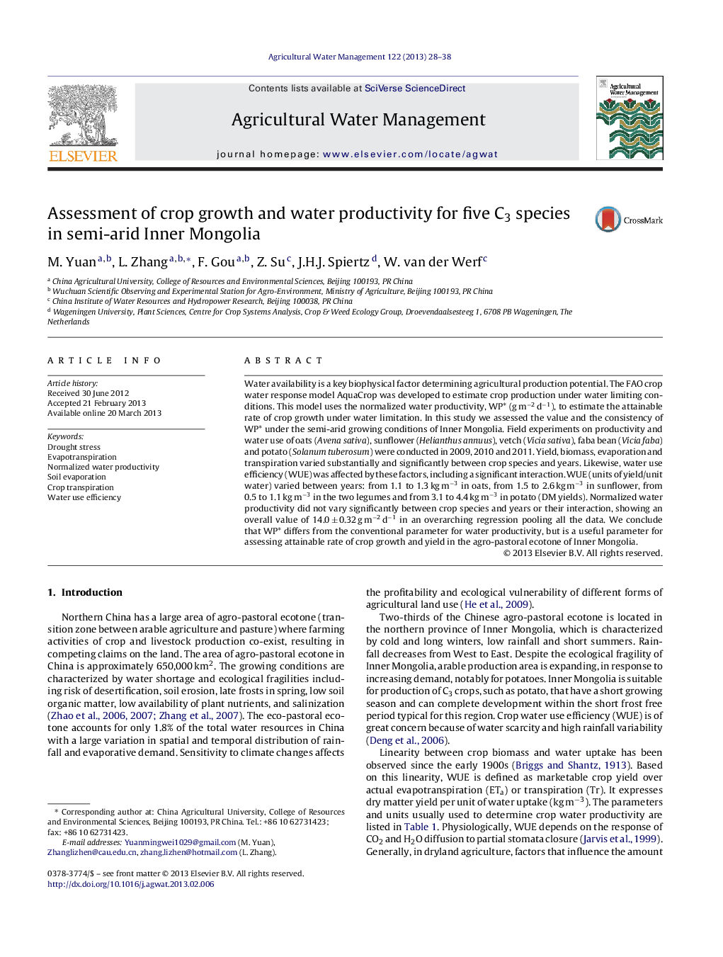 Assessment of crop growth and water productivity for five C3 species in semi-arid Inner Mongolia