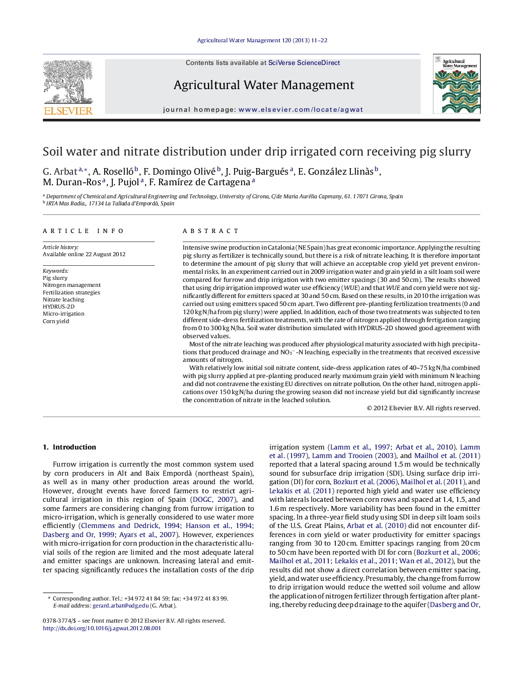 Soil water and nitrate distribution under drip irrigated corn receiving pig slurry