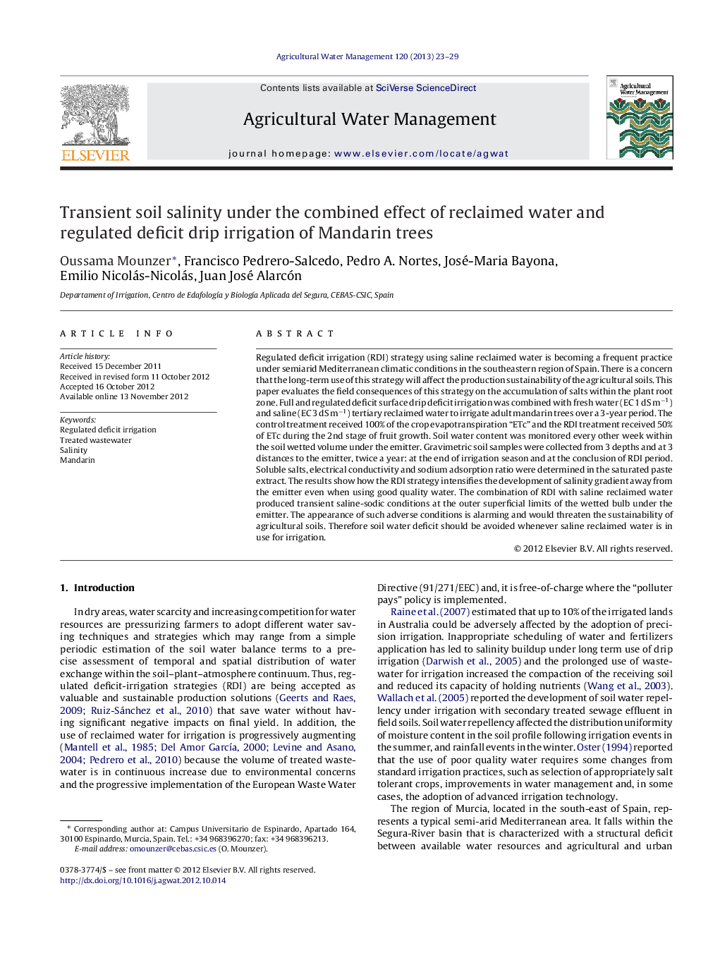 Transient soil salinity under the combined effect of reclaimed water and regulated deficit drip irrigation of Mandarin trees