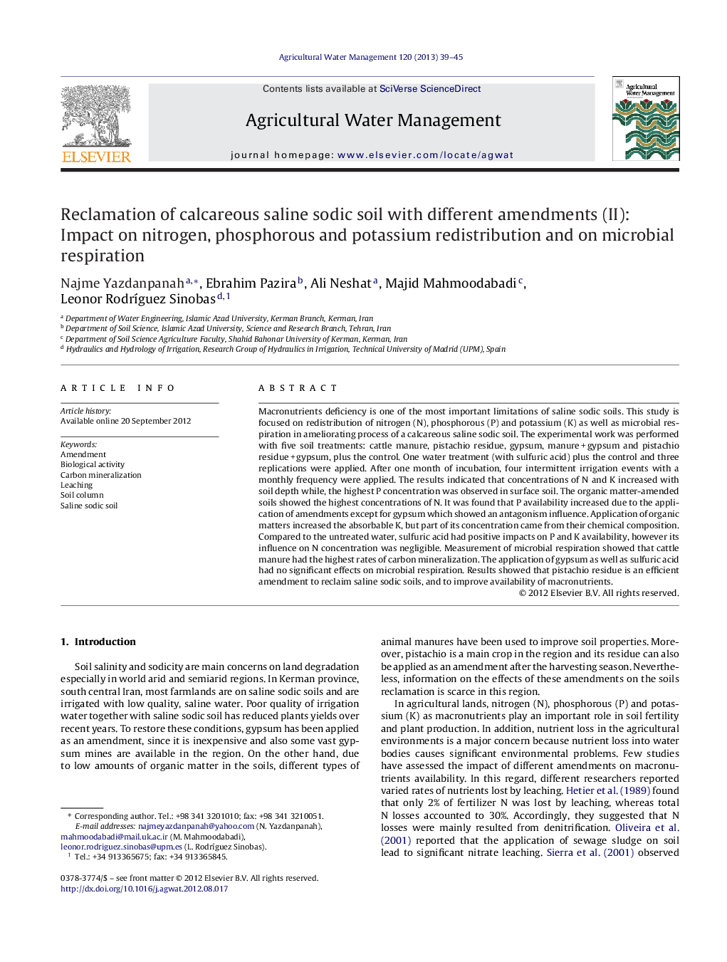 Reclamation of calcareous saline sodic soil with different amendments (II): Impact on nitrogen, phosphorous and potassium redistribution and on microbial respiration