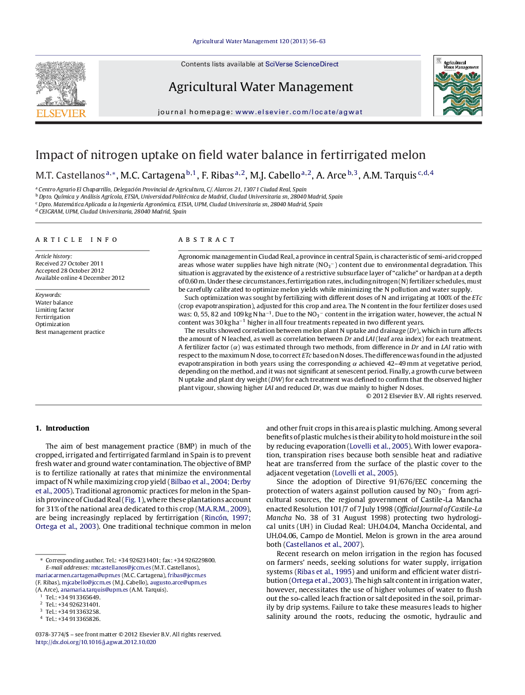 Impact of nitrogen uptake on field water balance in fertirrigated melon