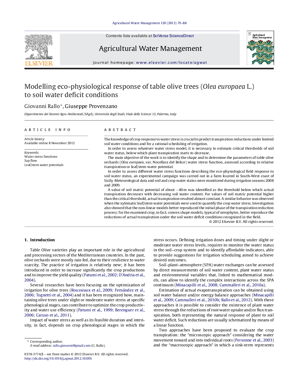 Modelling eco-physiological response of table olive trees (Olea europaea L.) to soil water deficit conditions