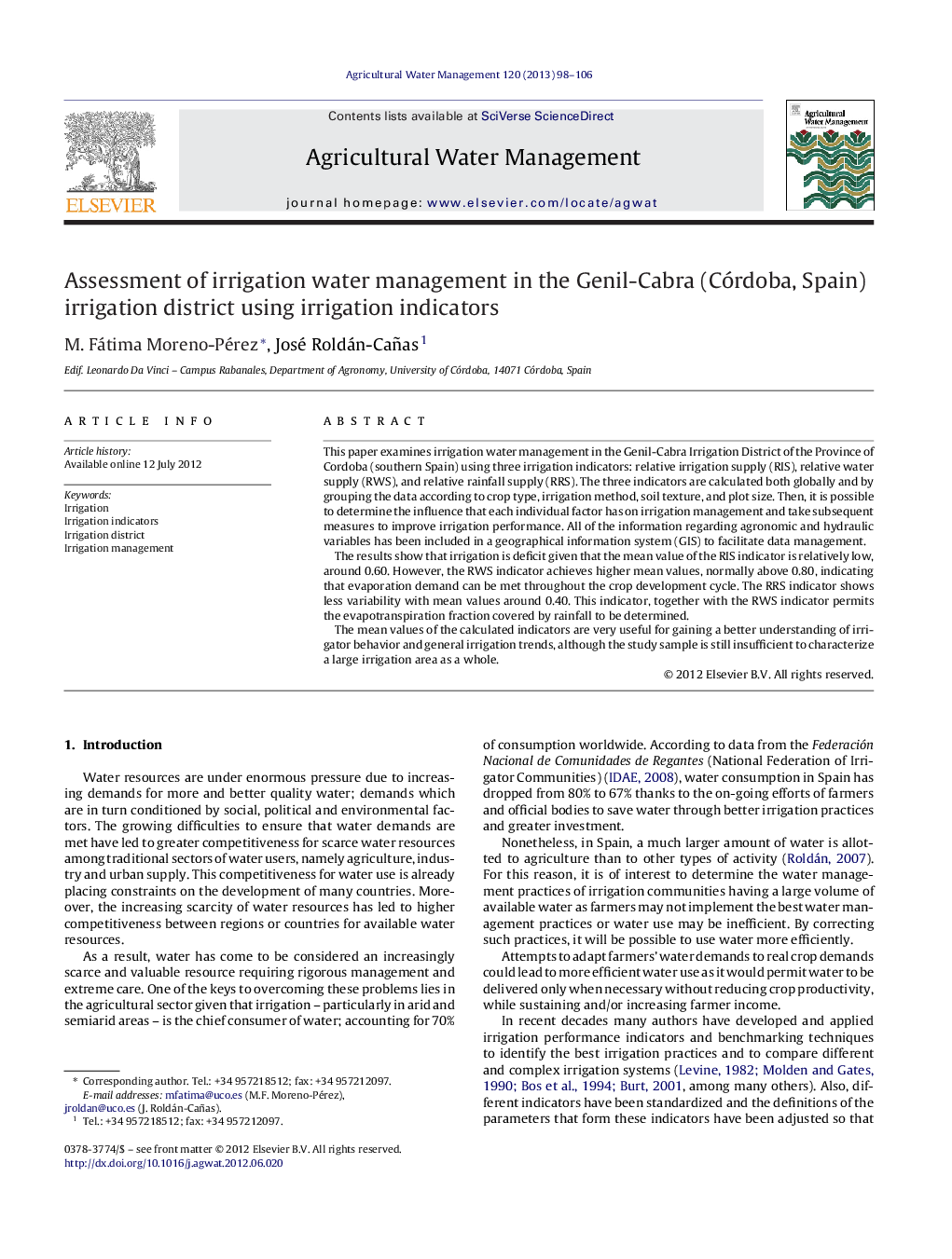 Assessment of irrigation water management in the Genil-Cabra (Córdoba, Spain) irrigation district using irrigation indicators