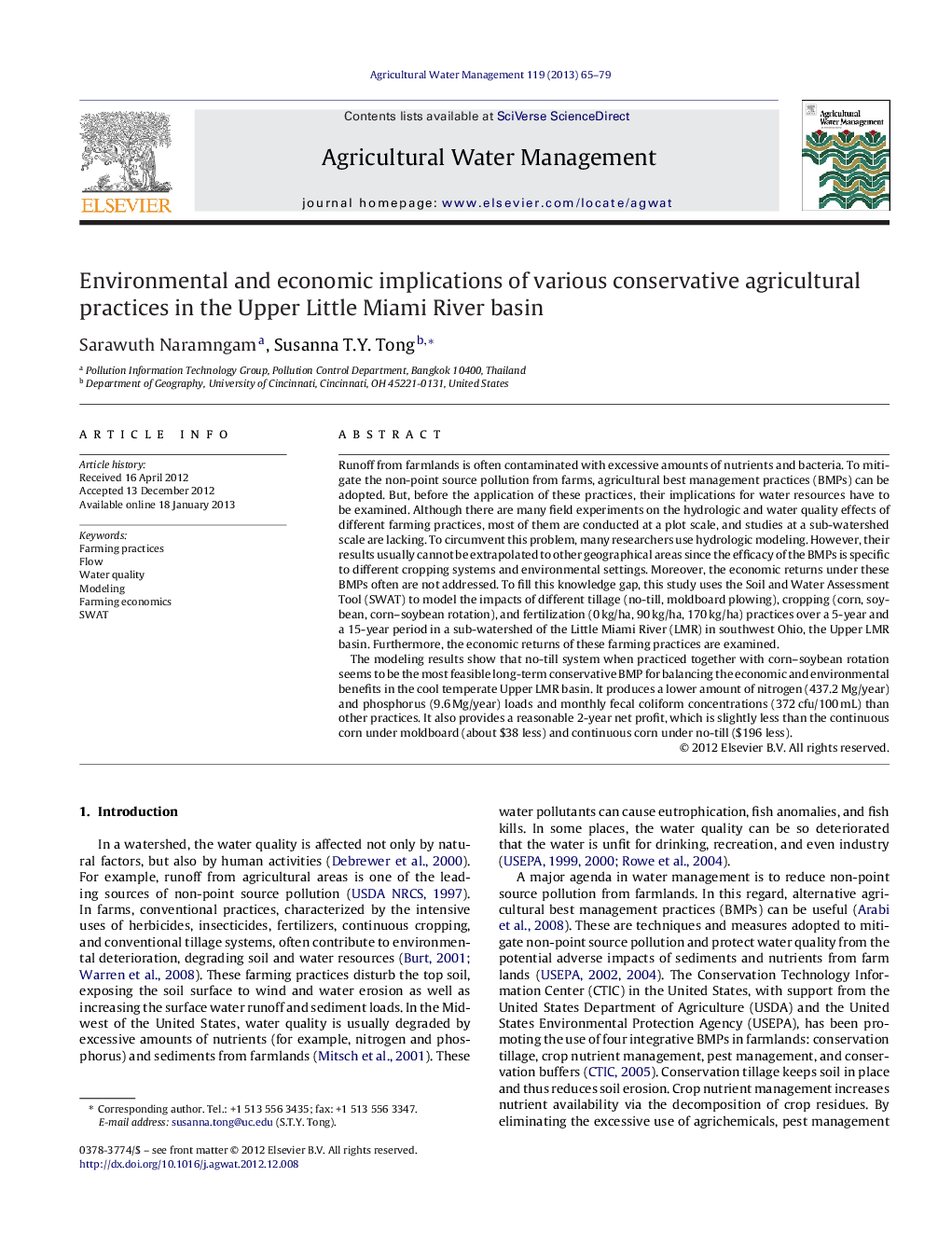 Environmental and economic implications of various conservative agricultural practices in the Upper Little Miami River basin