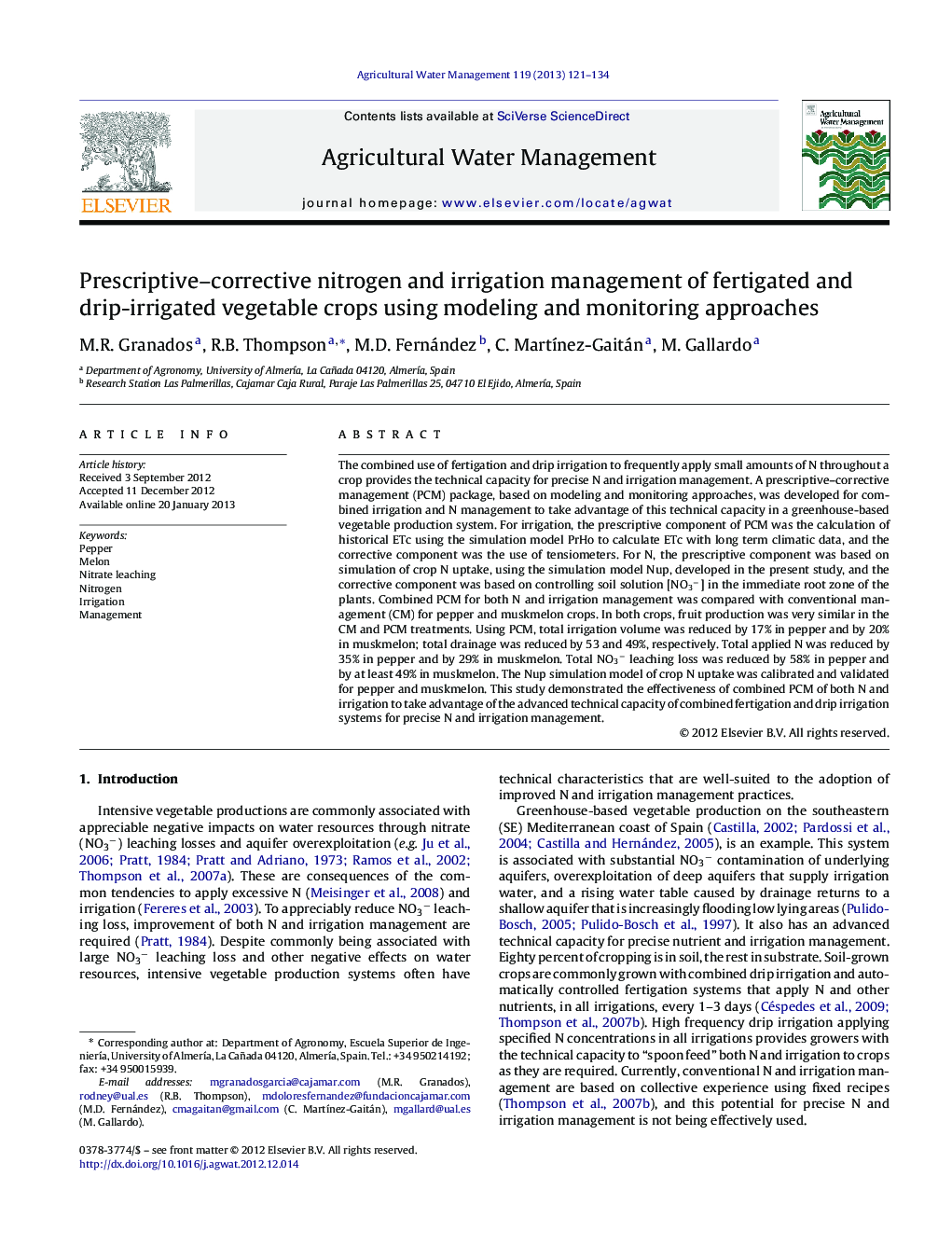 Prescriptive–corrective nitrogen and irrigation management of fertigated and drip-irrigated vegetable crops using modeling and monitoring approaches