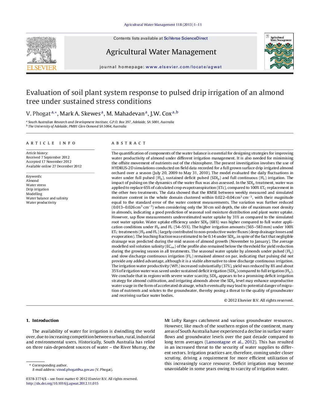 Evaluation of soil plant system response to pulsed drip irrigation of an almond tree under sustained stress conditions