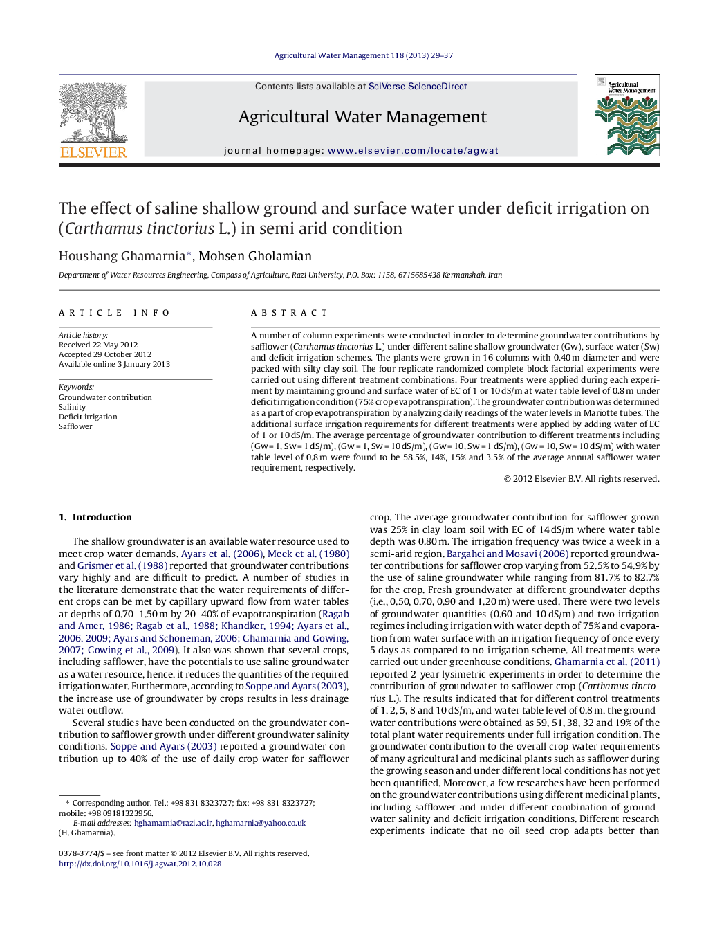 The effect of saline shallow ground and surface water under deficit irrigation on (Carthamus tinctorius L.) in semi arid condition