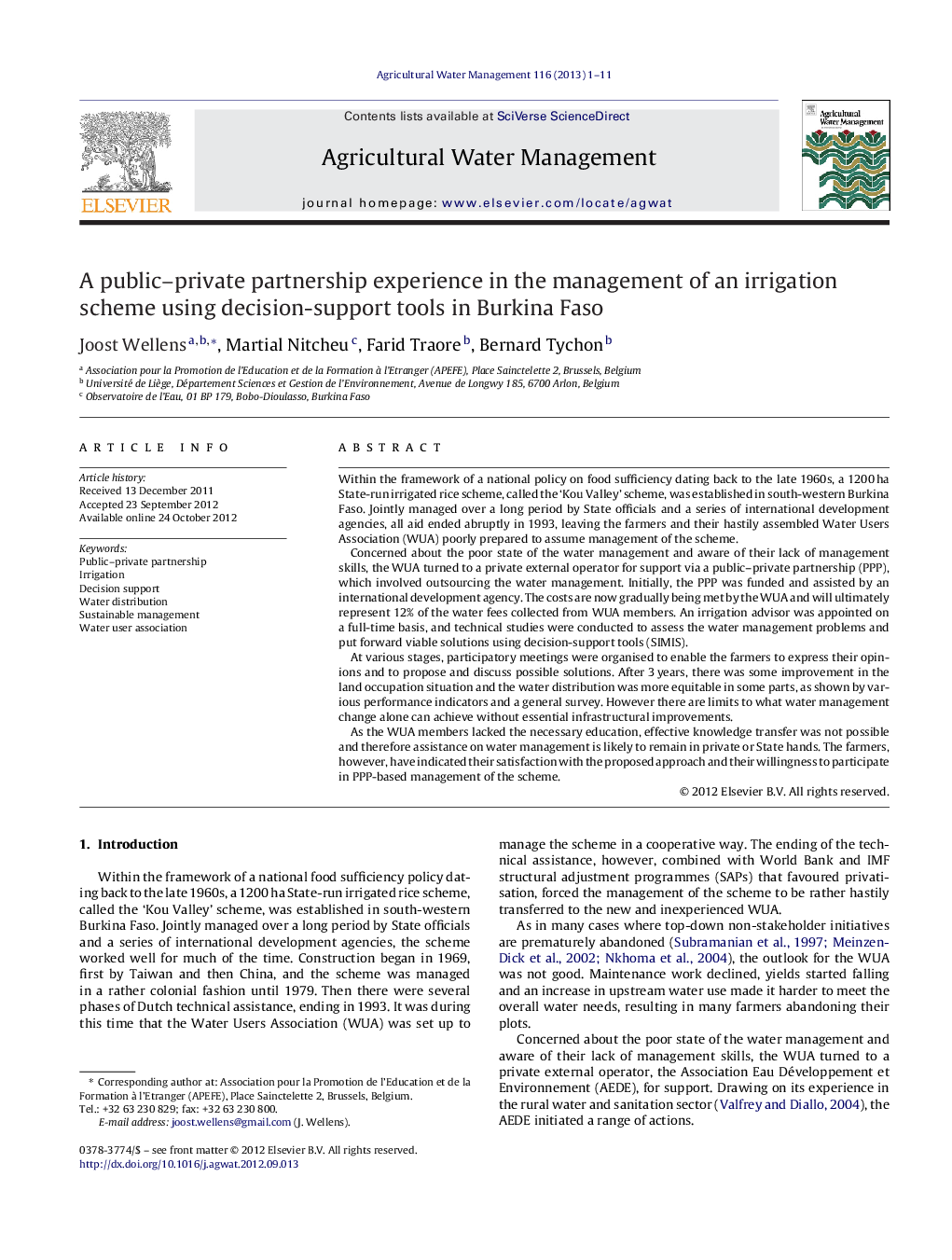 A public–private partnership experience in the management of an irrigation scheme using decision-support tools in Burkina Faso