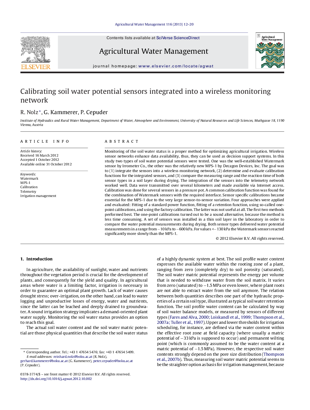 Calibrating soil water potential sensors integrated into a wireless monitoring network