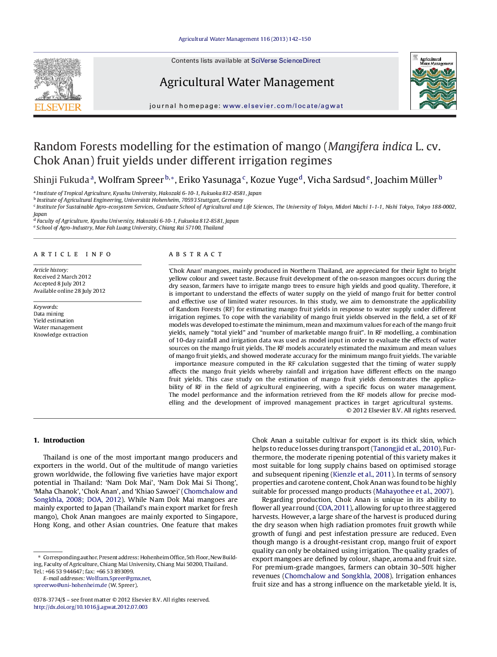 Random Forests modelling for the estimation of mango (Mangifera indica L. cv. Chok Anan) fruit yields under different irrigation regimes