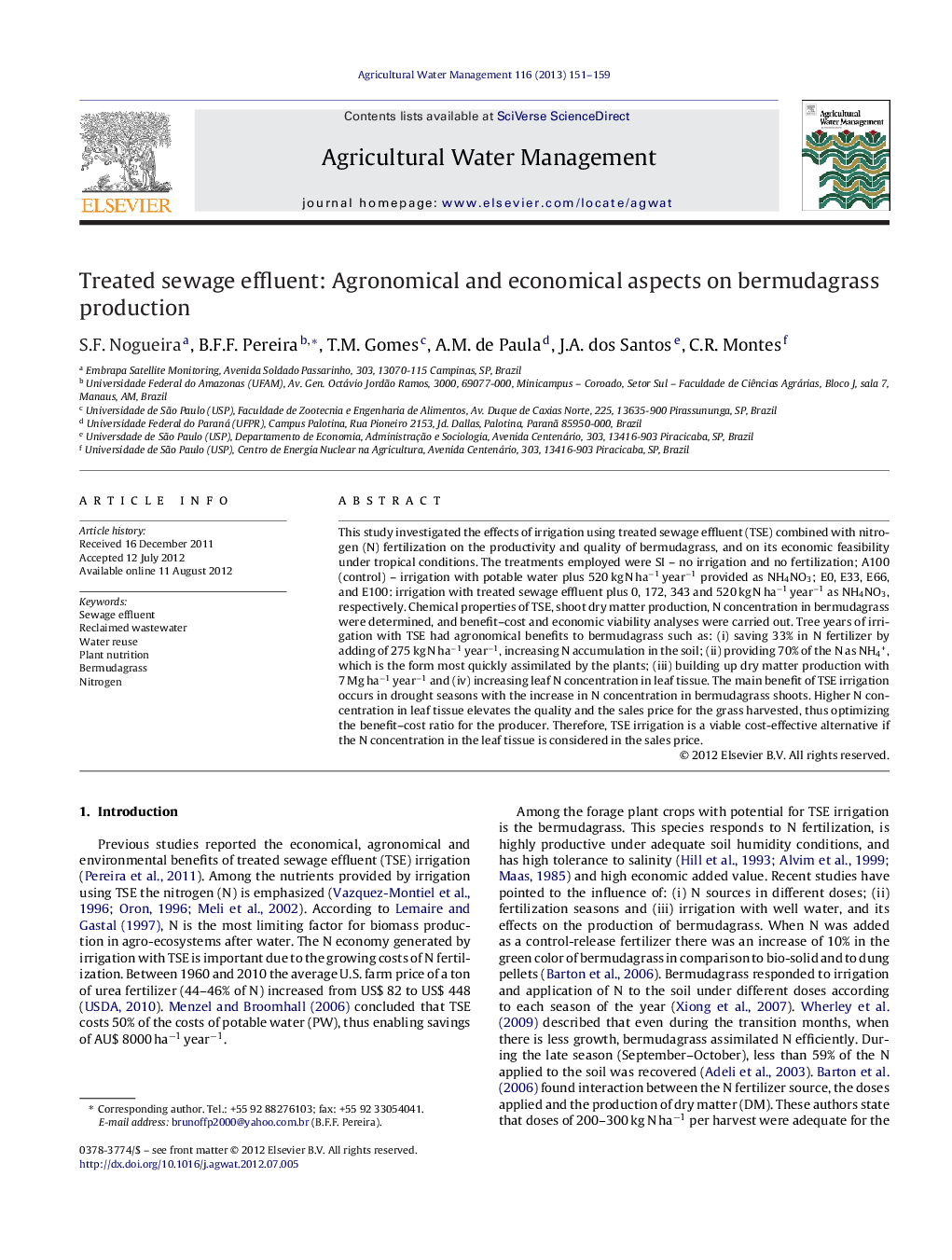 Treated sewage effluent: Agronomical and economical aspects on bermudagrass production