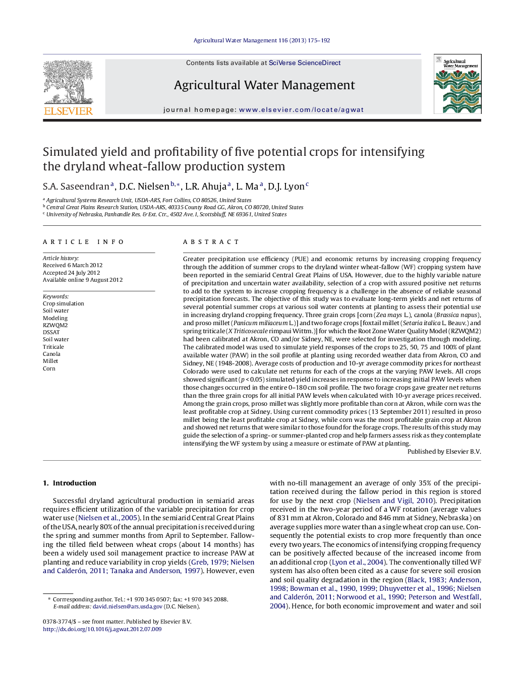 Simulated yield and profitability of five potential crops for intensifying the dryland wheat-fallow production system