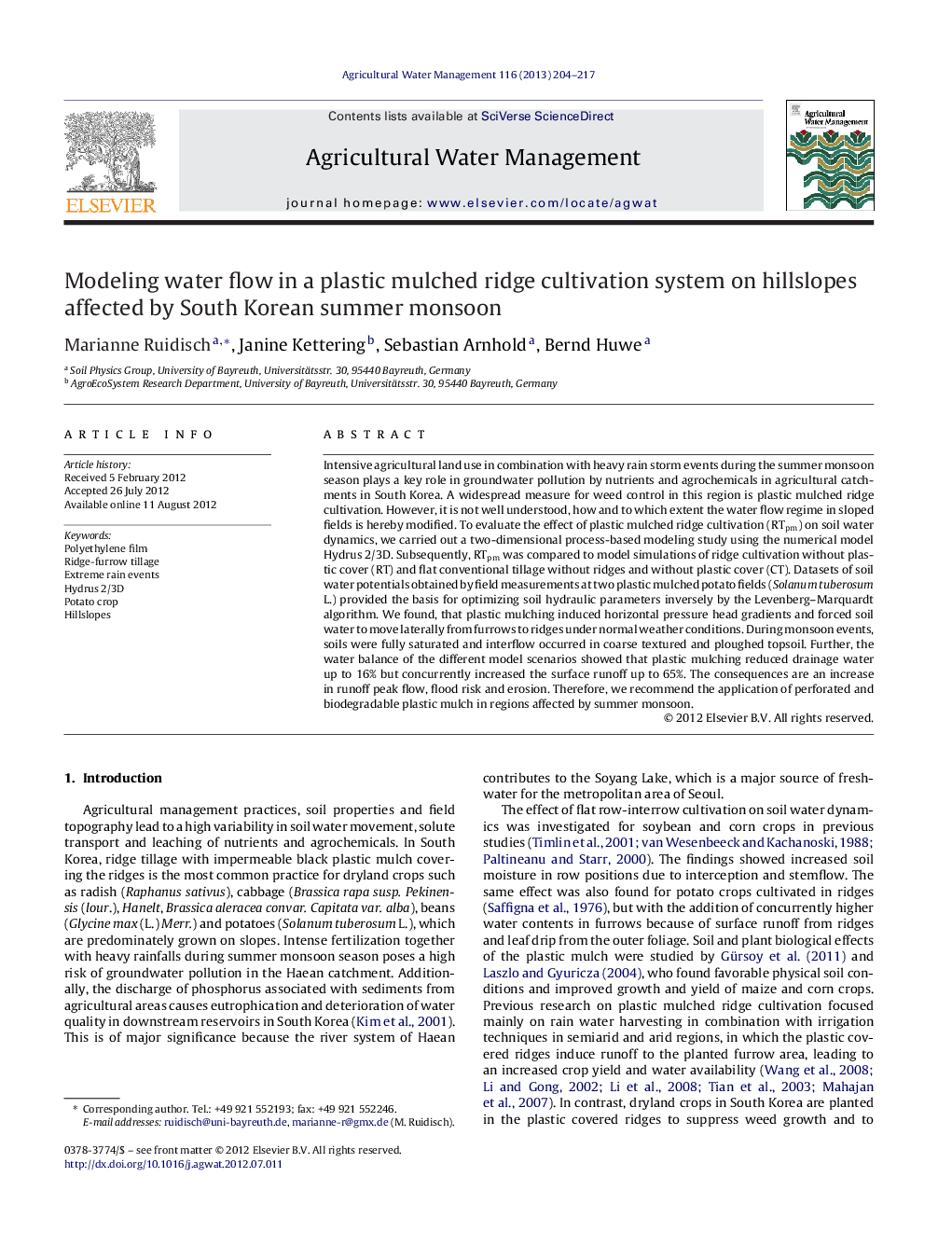 Modeling water flow in a plastic mulched ridge cultivation system on hillslopes affected by South Korean summer monsoon