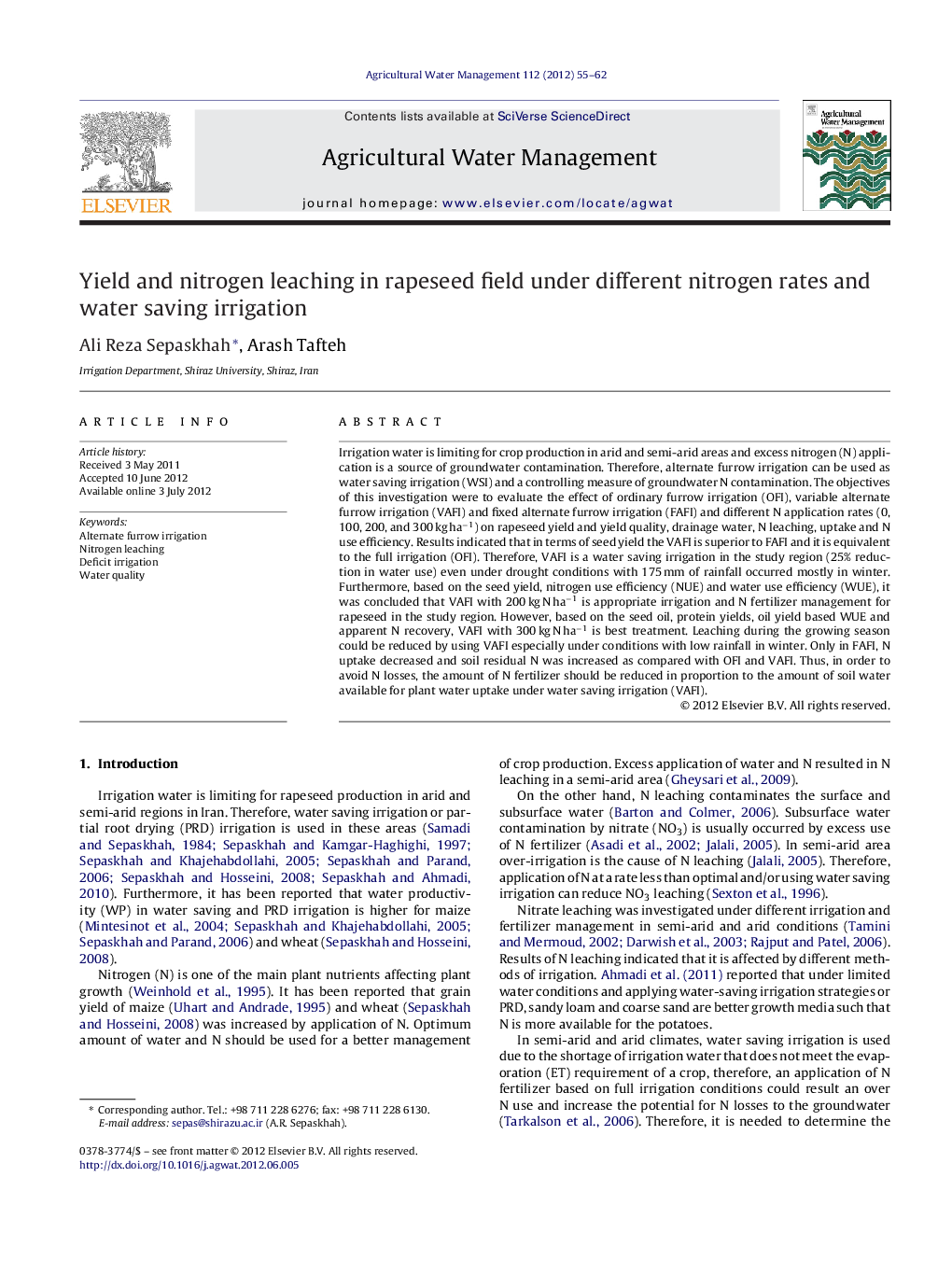 Yield and nitrogen leaching in rapeseed field under different nitrogen rates and water saving irrigation