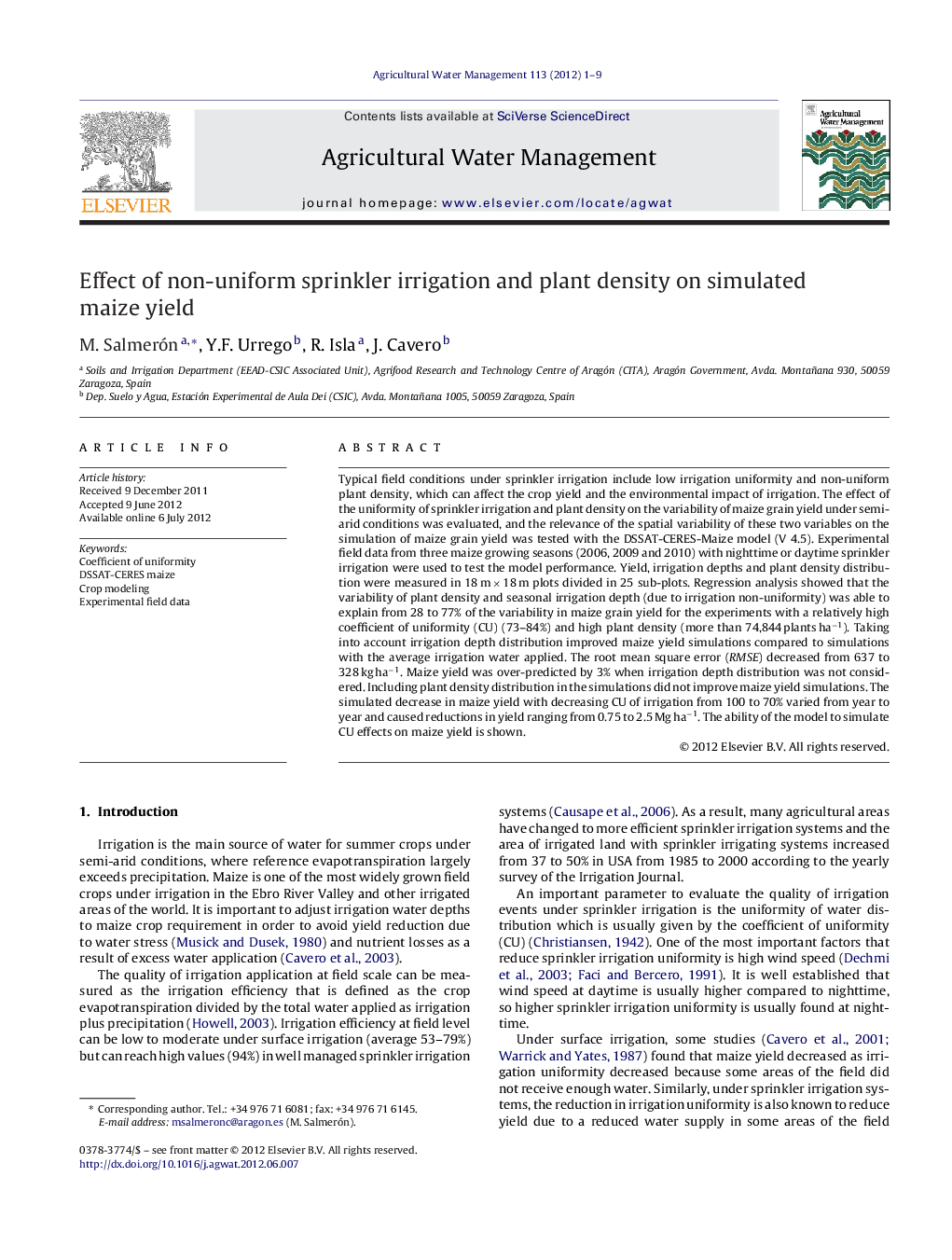 Effect of non-uniform sprinkler irrigation and plant density on simulated maize yield