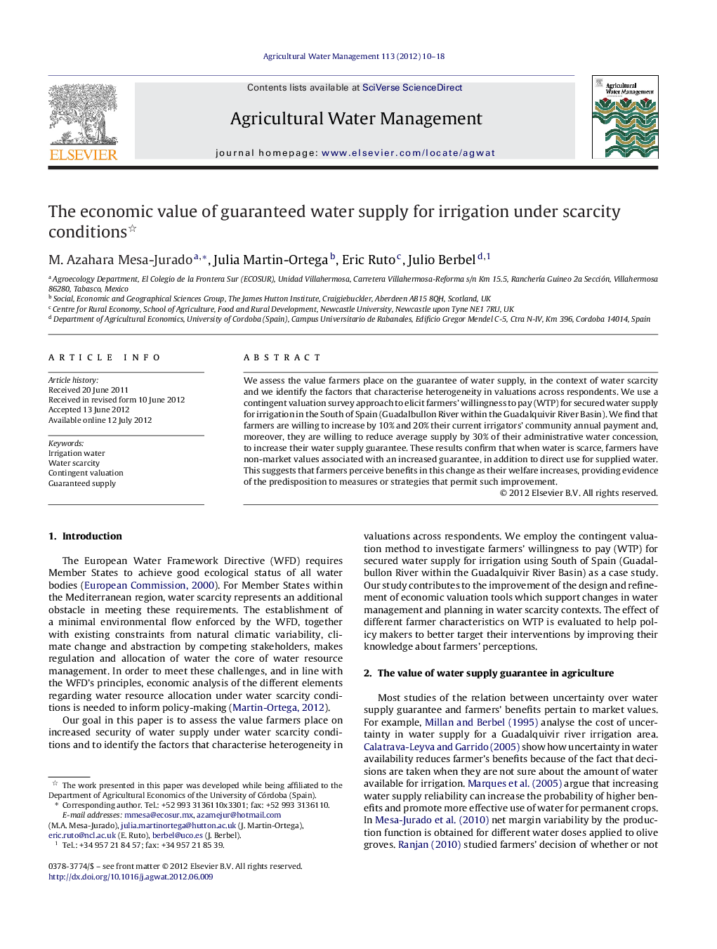 The economic value of guaranteed water supply for irrigation under scarcity conditions 