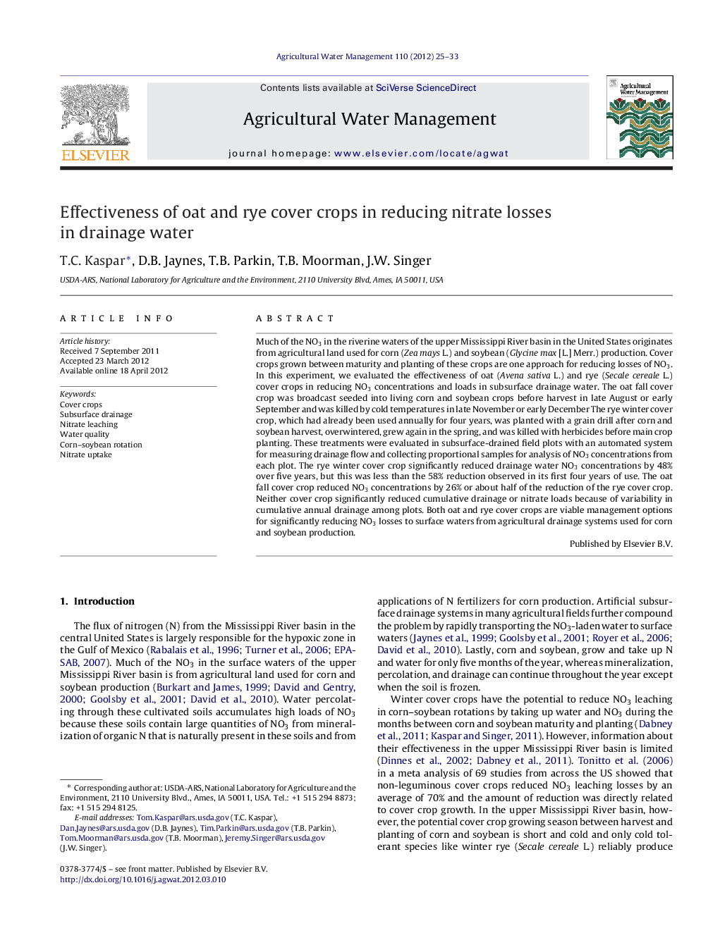 Effectiveness of oat and rye cover crops in reducing nitrate losses in drainage water