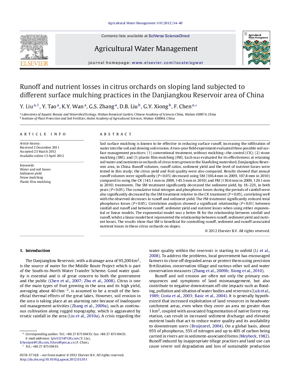 Runoff and nutrient losses in citrus orchards on sloping land subjected to different surface mulching practices in the Danjiangkou Reservoir area of China