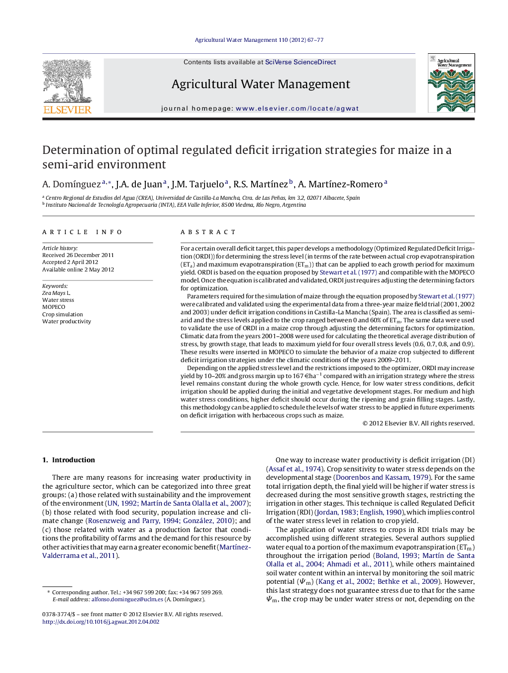 Determination of optimal regulated deficit irrigation strategies for maize in a semi-arid environment