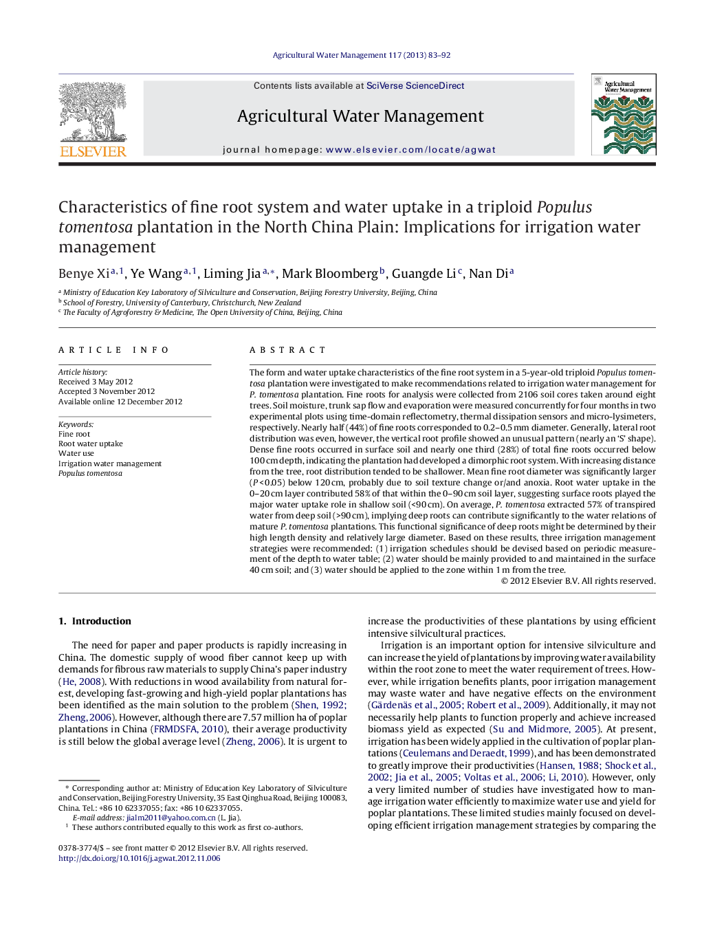 Characteristics of fine root system and water uptake in a triploid Populus tomentosa plantation in the North China Plain: Implications for irrigation water management