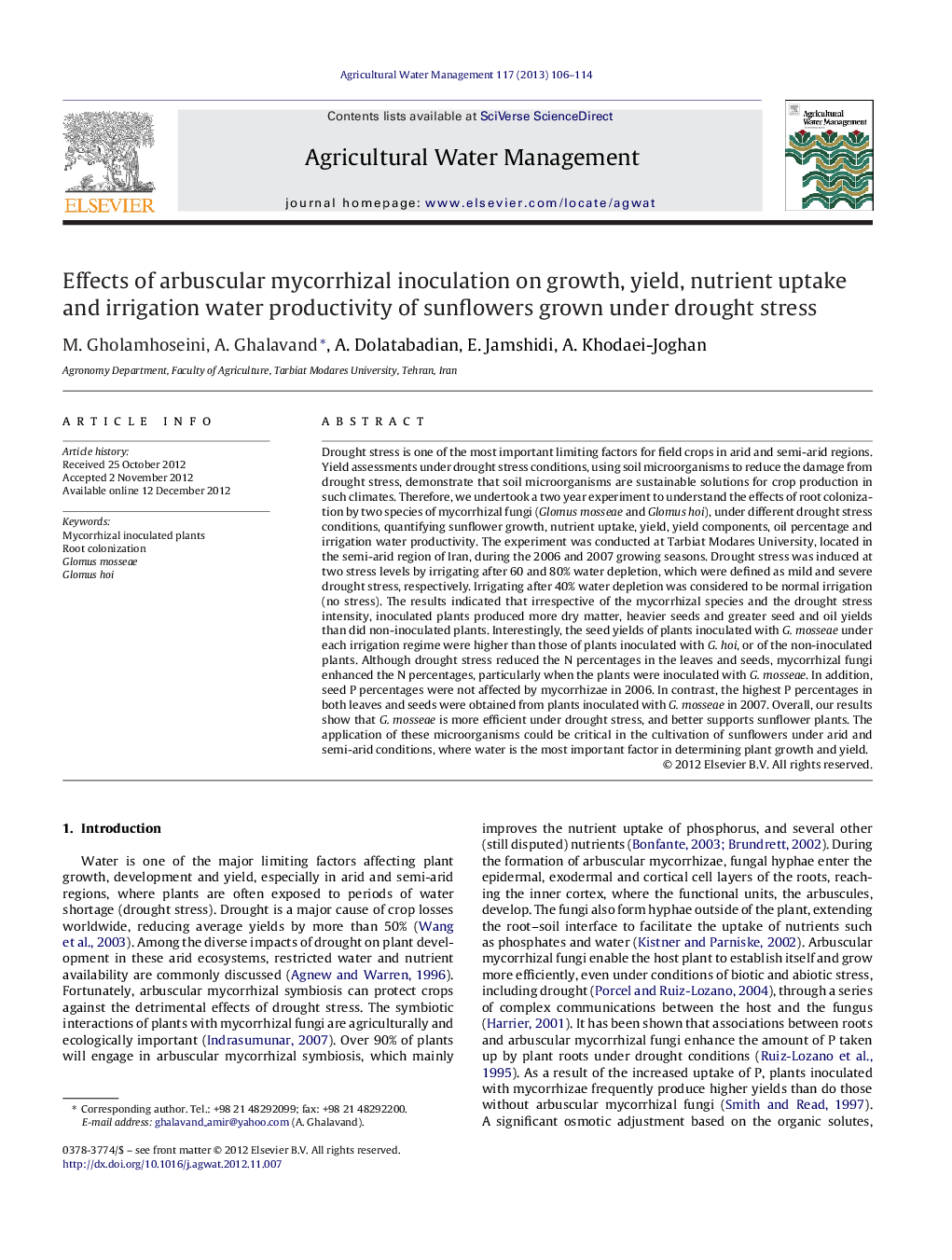 Effects of arbuscular mycorrhizal inoculation on growth, yield, nutrient uptake and irrigation water productivity of sunflowers grown under drought stress