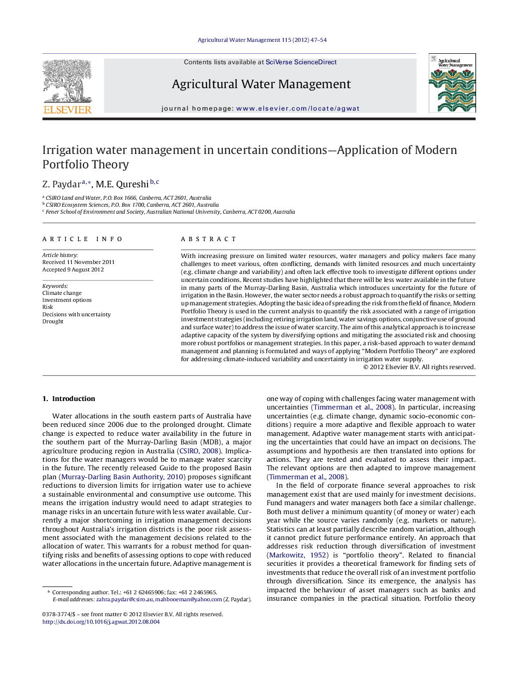 Irrigation water management in uncertain conditions—Application of Modern Portfolio Theory