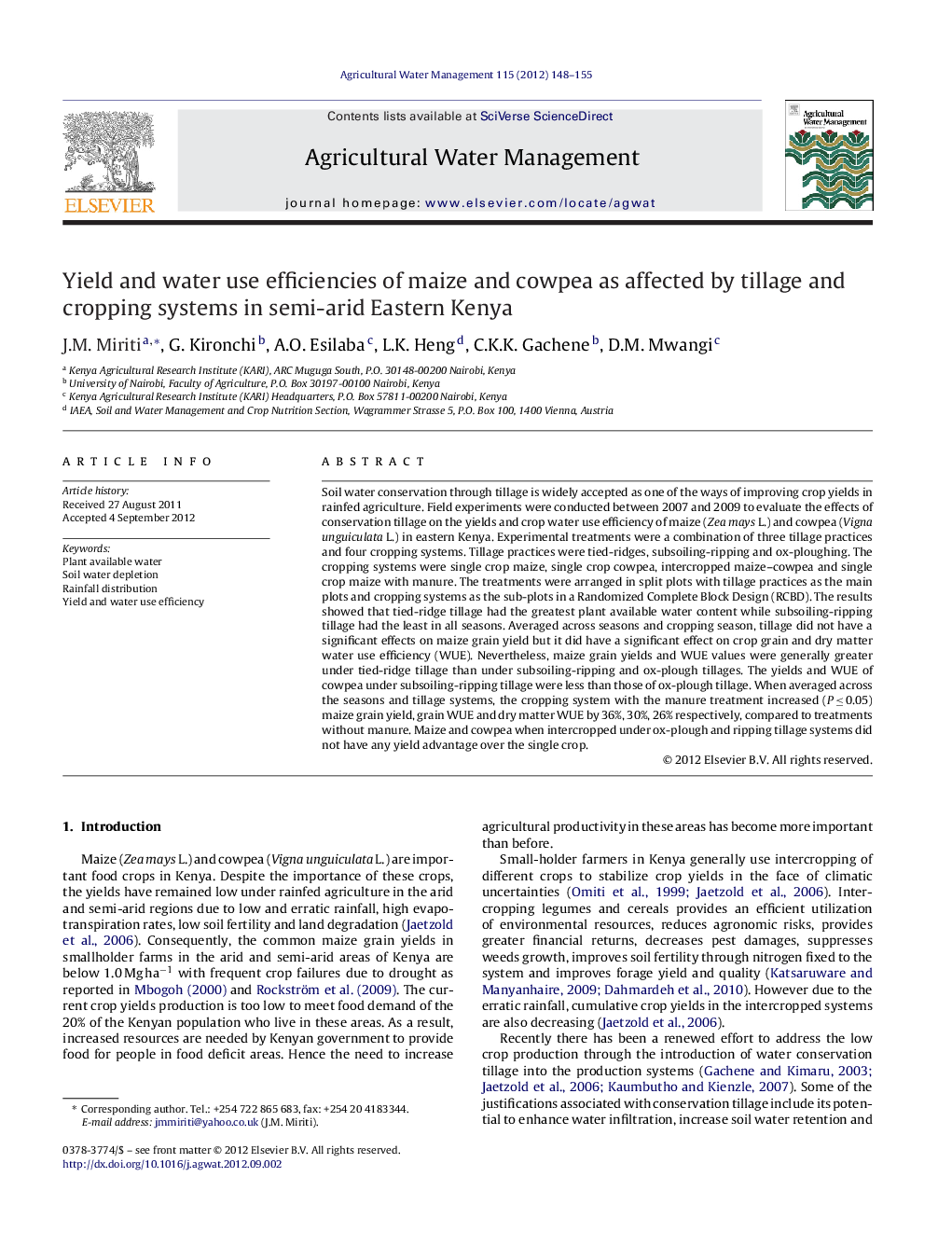 Yield and water use efficiencies of maize and cowpea as affected by tillage and cropping systems in semi-arid Eastern Kenya