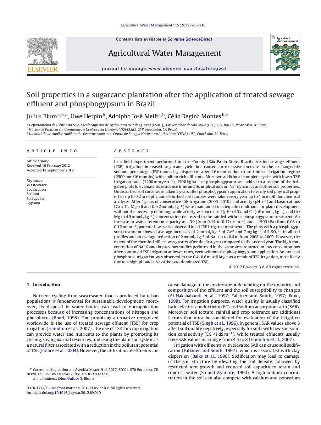 Soil properties in a sugarcane plantation after the application of treated sewage effluent and phosphogypsum in Brazil