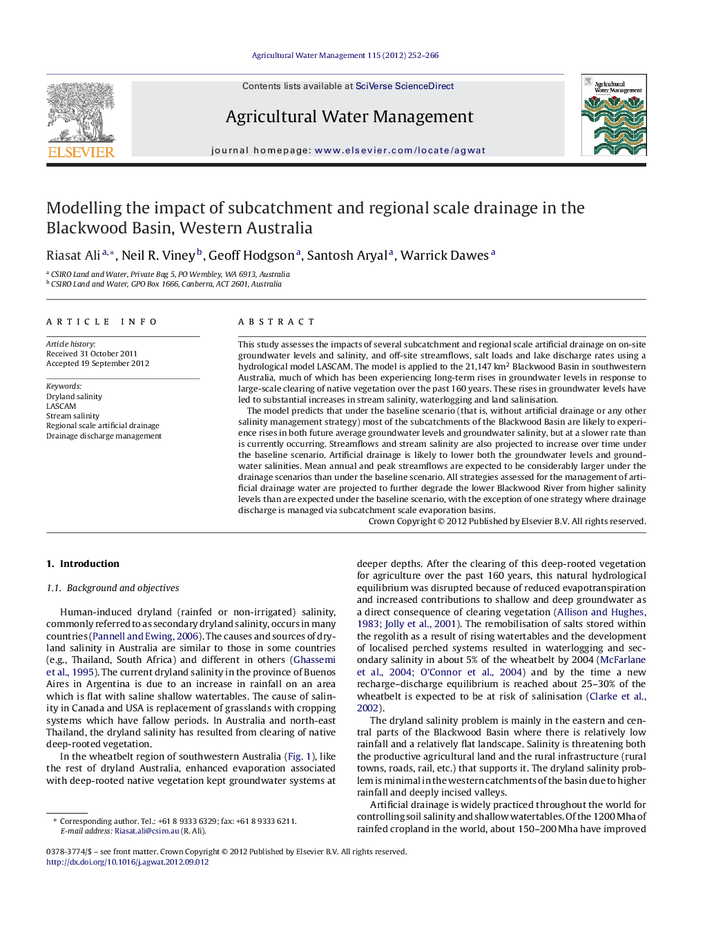 Modelling the impact of subcatchment and regional scale drainage in the Blackwood Basin, Western Australia