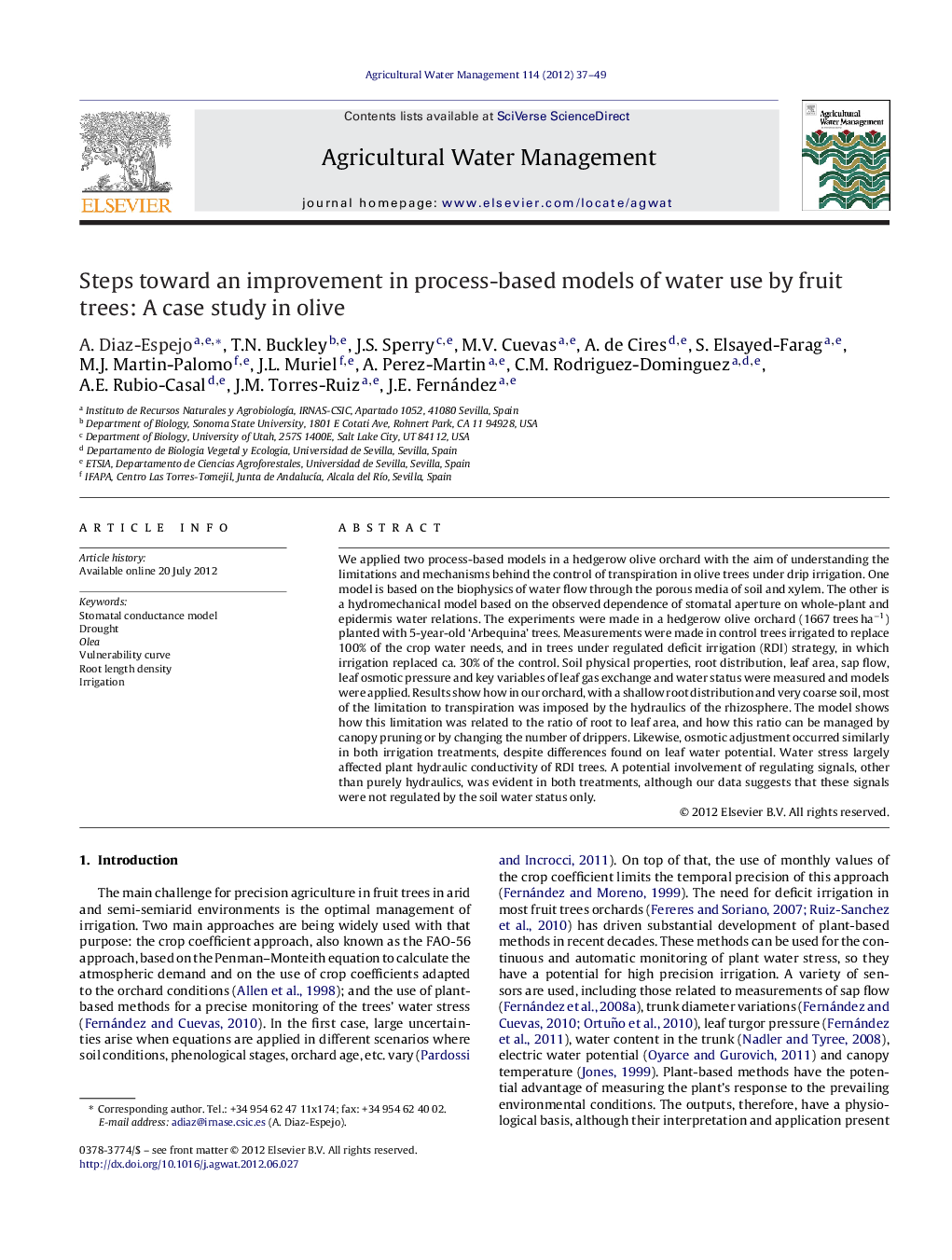 Steps toward an improvement in process-based models of water use by fruit trees: A case study in olive