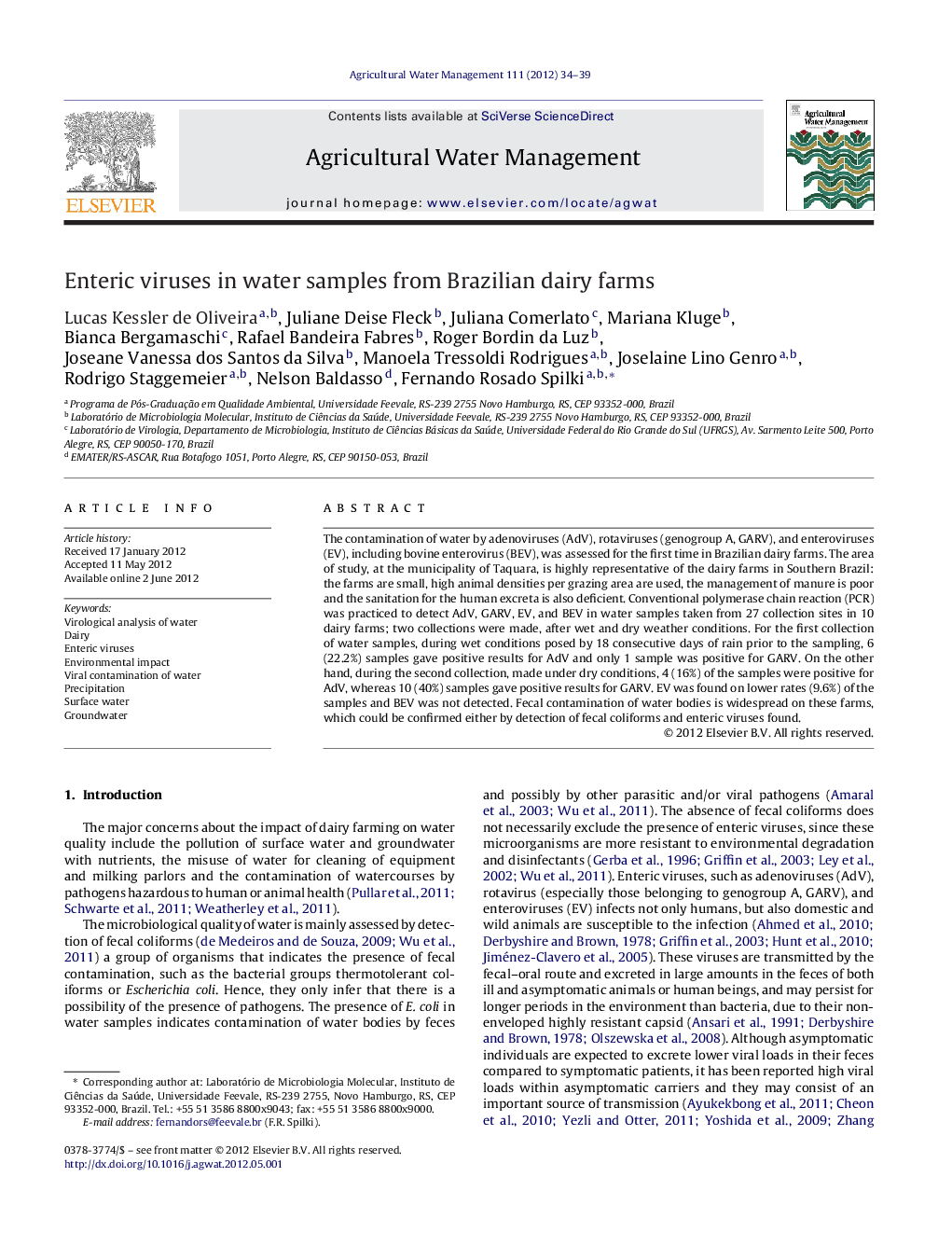 Enteric viruses in water samples from Brazilian dairy farms