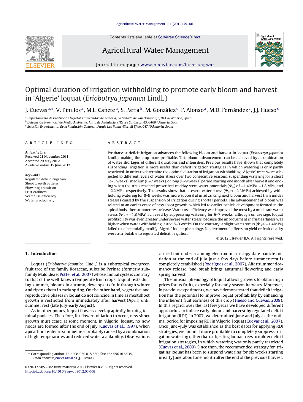 Optimal duration of irrigation withholding to promote early bloom and harvest in ‘Algerie’ loquat (Eriobotrya japonica Lindl.)