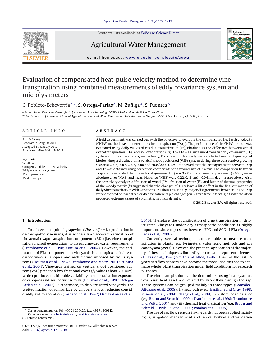 Evaluation of compensated heat-pulse velocity method to determine vine transpiration using combined measurements of eddy covariance system and microlysimeters