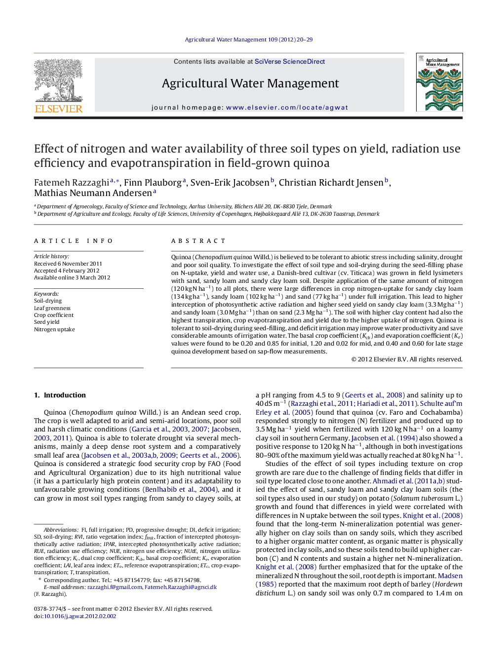 Effect of nitrogen and water availability of three soil types on yield, radiation use efficiency and evapotranspiration in field-grown quinoa