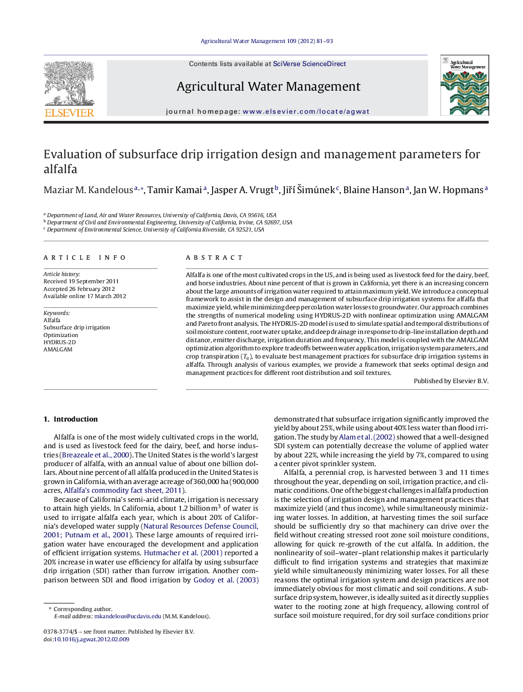 Evaluation of subsurface drip irrigation design and management parameters for alfalfa