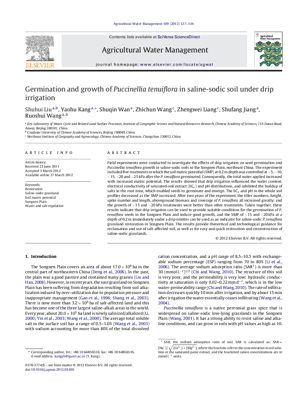 Germination and growth of Puccinellia tenuiflora in saline-sodic soil under drip irrigation